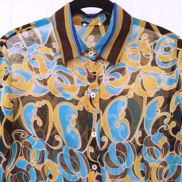 Lot of 2 Tops Sheer Blouses Geometric Patterned -M(10) Open-Front Button-up - Picture 7 of 13